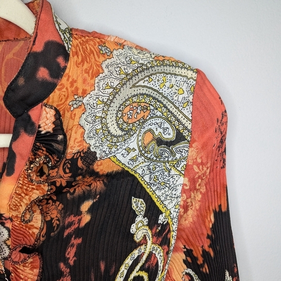 Y2k ruffled Renaissance abstract pattern long sleeve button up shirt womens XS - Picture 4 of 6